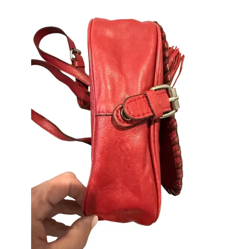 Patricia Nash Karisa Leather Whipstitch Saddle Bag Berry Red Tassels